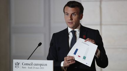 Le président Emmanuel Macron, jeudi 25 mars 2021, à l'Elysée, lors d'une&nbsp;conférence de presse, après un sommet du Conseil européen, montre un graphique concernant les doses de vaccins contre le Covid-19.&nbsp; (BENOIT TESSIER / POOL / AFP)