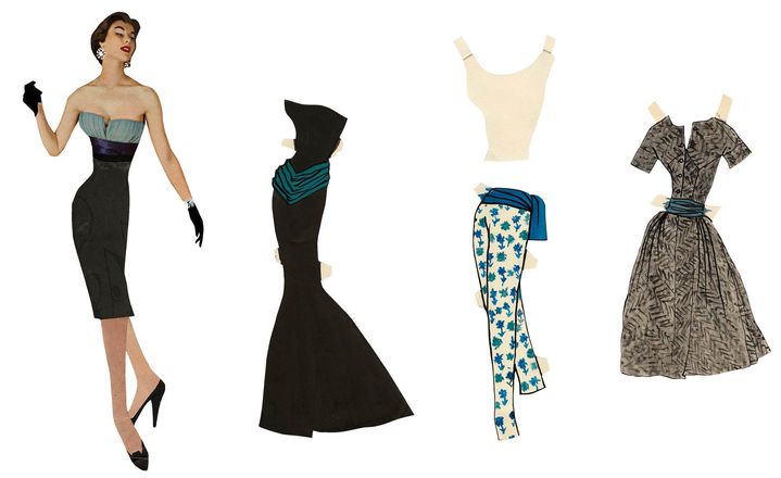 La paper doll Bettina et trois vêtements de sa garde-robe réalisés par Yves Saint-Laurent en 1953 (Fondation Pierre Bergé - Yves Saint Laurent / All rights reserved)