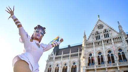 Des manifestants ont protesté le 14 juin 2021 devant le Parlement hongrois à Budapest contre une loi visant à interdire la "promotion"&nbsp;de l'homosexualité. (GERGELY BESENYEI / AFP)