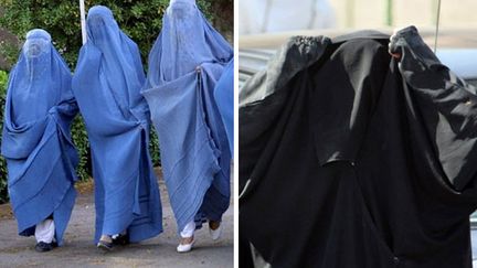 Les deux variétés de voile intégral: burqa (gauche), Niqab (droite) (© AFP - B. Mehri / H.Ammar)