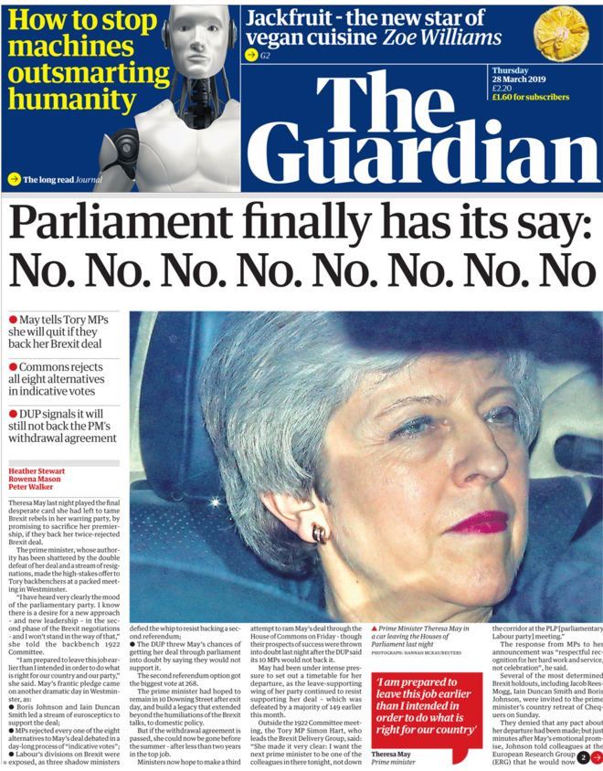 La une du "Guardian",&nbsp;le 28 mars 2019. (THE GUARDIAN)