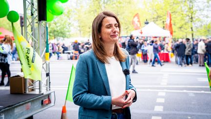 La secrétaire d'Europe Ecologie Les Verts (EELV), Marine Tondelier, à Paris, le 1er mai 2023. (AMAURY CORNU / HANS LUCAS / AFP)