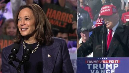 Kamala Harris et Donald Trump, candidats à l'élection présidentielle aux États-Unis, multiplient les déplacements et les appels à voter, lundi 4 novembre, à la veille du scrutin. (franceinfo)