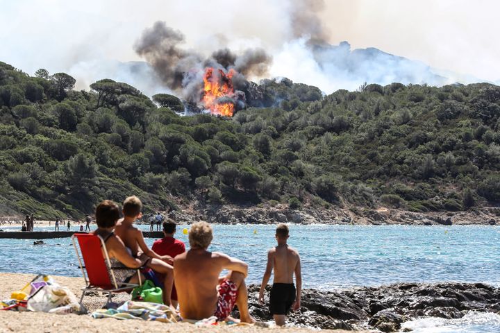 Des plagistes aperçoivent l'incendie qui ravage la forêt de La Croix-Valmer (Var), le 25 juillet 2017. (VALERY HACHE / AFP)