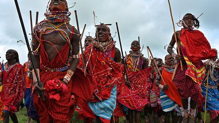 Chants et danses traditionnelles accompagnent les jeunes participants lors de leurs exploits. (TONY KARUMBA / AFP)