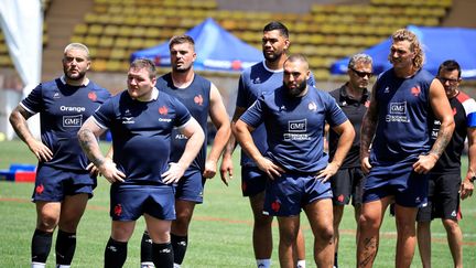 L'équipe de France de rugby à l'entraînement, le 4 juillet 2023 à Monaco. (VALERY HACHE / AFP)