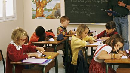 Six élèves et un professeur en classe. (SYLVA VILLEROT / PHOTONONSTOP / AFP)