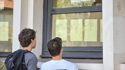 Des lycéens consultent les résultats du bac devant un lycée à Annecy, le 5 juillet 2019 (photo d'illustration). (SACHA DA LAGE / MAXPPP)