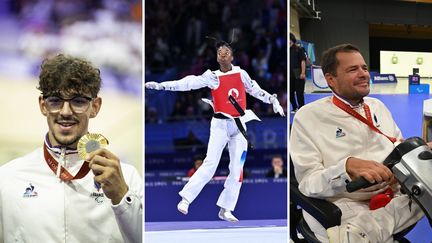 Alexandre Léauté en cyclisme, Djelika Diallo en taekwondo et Tanguy de la Forest en tir sont parmi les médaillés français du jour aux Jeux paralympiques de Paris, le 30 août 2024. (Montage franceinfo: sport)