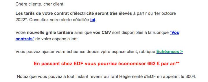 Extrait d'un message de Mint Energie reçu par Hedwige&nbsp;à l'été 2022, l'incitant à changer de fournisseur. (DR)