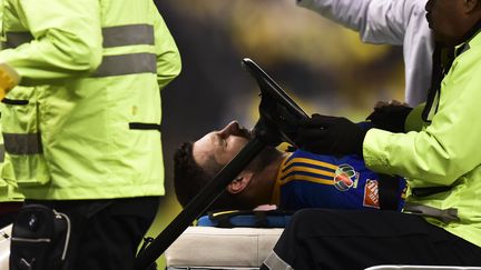 André-Pierre Gignac a quitté le stade sur civière avant d'être amené à l'hôpital. (RONALDO SCHEMIDT / AFP)