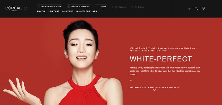 Capture d'écan du site internet hong-kongais de L'Oréal vantant sa gamme de cosmétique "White Perfect", le 27 juin 2020. (FRANCEINFO)