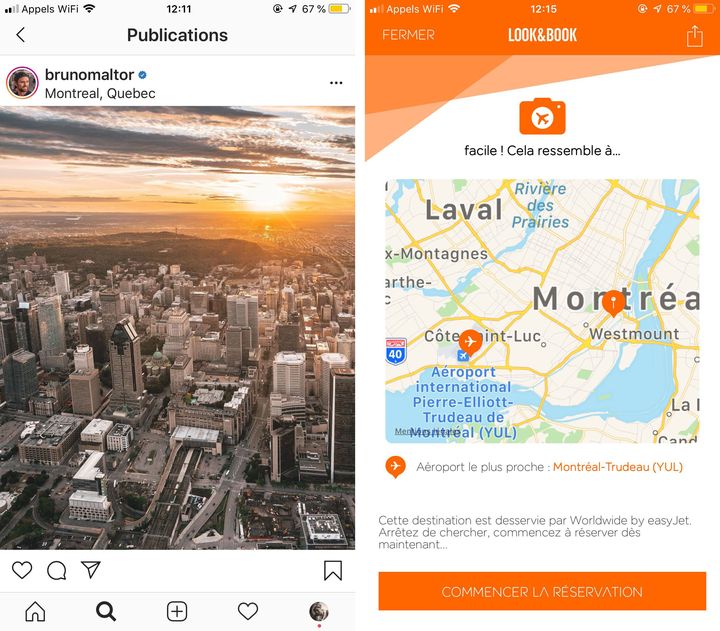 A gauche, une&nbsp;capture d'écran d'une photo prise et partagée par le blogueur voyage Bruno Maltor sur son compte Instagram. A droite, le résultat de son analyse&nbsp;par l'outil Look&amp;Book sur l'application EasyJet. (BRUNO MALTOR / EASYJET)