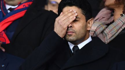 Le président du PSG&nbsp;Nasser Al-Khelaifi au Parc des Princes le 6 mars 2018. (FRANCK FIFE / AFP)