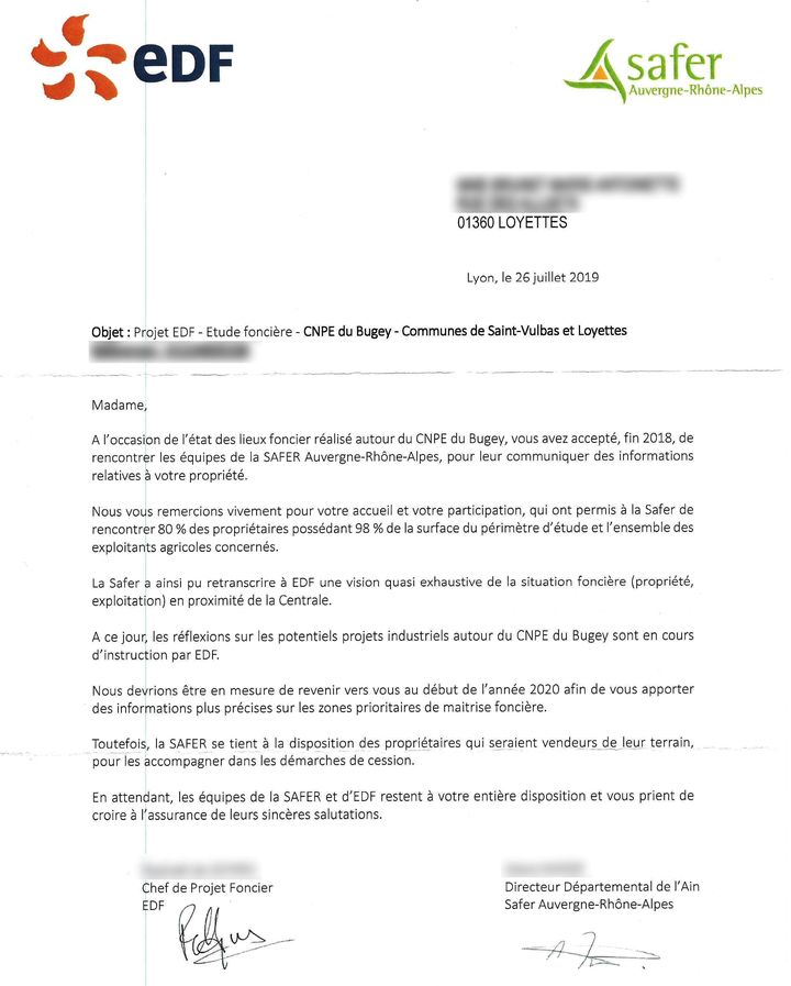 Extrait d’un courrier envoyé en juillet 2019 à des habitants de Loyettes. (CELLULE INVESTIGATION DE RADIOFRANCE)