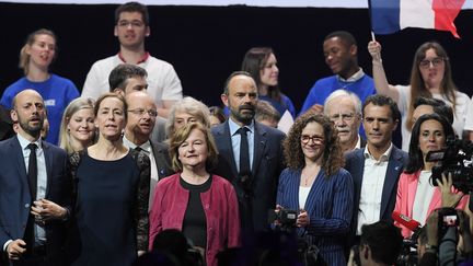 Les candidats LREM aux européennes, entourés du Premier ministre, lors d'un meeting à Strasbourg (Bas-Rhin), le 11 mai 2019. (FREDERICK FLORIN / AFP)