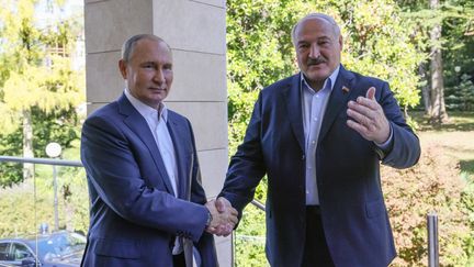 Les présidents russe et biélorusse, Vladimir Poutine et Alexandre Loukachenko, à Sotchi (Russie), le 26 septembre 2022. (GAVRIIL GRIGOROV / SPUTNIK / AFP)