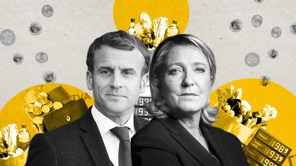 Franceinfo a décortiqué les mesures de pouvoir d'achat proposées par Emmanuel Macron et Marine Le Pen. (PIERRE-ALBERT JOSSERAND / FRANCEINFO)