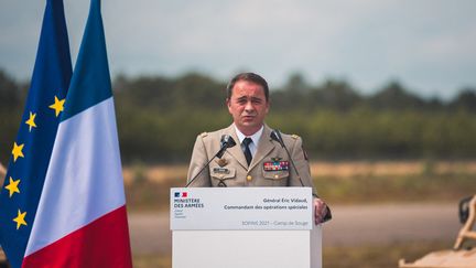 Le général Eric Vidaud lors d'un discours à Martignas-sur-Jalle (Gironde), le 1er juillet 2021. (BENJAMIN GUILLOT-MOUEIX / HANS LUCAS)