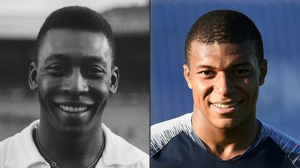 Le footballeur brésilien Pelé à Colombes (Hauts-de-Seine), le 13 juin 1961, et le footballeur français Kylian Mbappé à Istra (Russie), le 27 juin 2018. (STAFF / AFP)