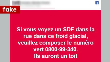 Capture d'écran sur Facebook sur un numéro d'urgence à composer si on voit un SDF dans le froid glacial. (CAPTURE D'ECRAN/FACEBOOK)