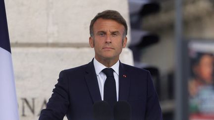 Le président français lors de la cérémonie du 80e anniversaire de la Libération, à Paris, le 25 août 2024. (TERESA SUAREZ / AFP)