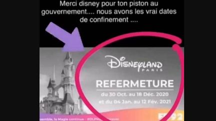 D'après un visuel massivement partagé ces derniers jours sur Twitter, Disneyland Paris aurait annoncé la date de fin du nouveau confinement (Capture d'écran Twitter)