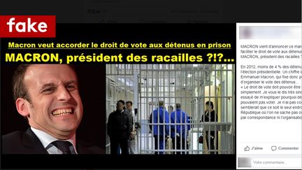 Capture d'écran d'un message sur Facebook&nbsp;tournant en dérision les&nbsp;annonces d'Emmanuel Macron sur le vote des détenus. (CAPTURE ECRAN / FACEBOOK)