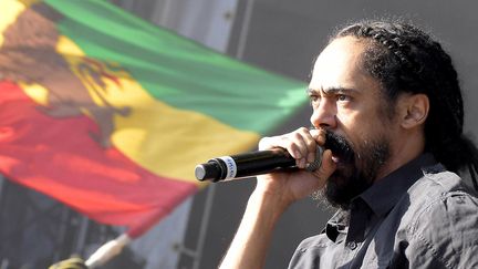 Damian Marley sur scène avec le drapeau éthiopien.
 (Marc Ollivier / PQR / MaxPPP)