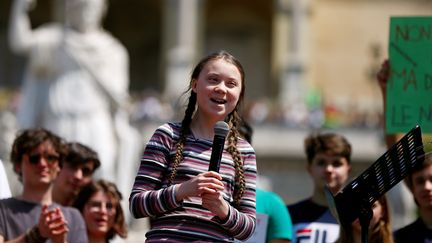 Greta Thunberg participe à une action des jeunes&nbsp;pour le climat à Rome, en Italie, le 19 avril 2019. (YARA NARDI / REUTERS)