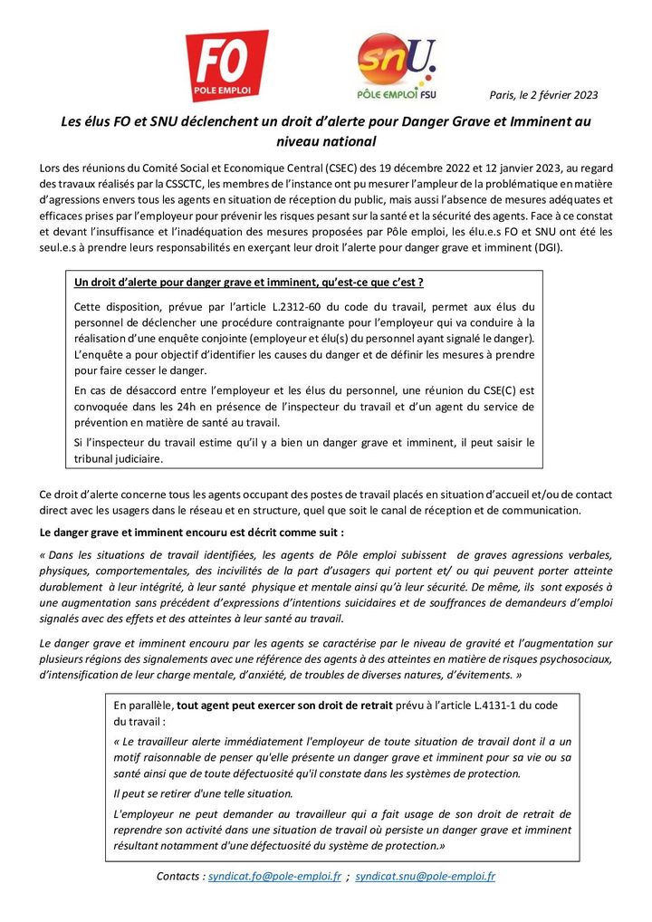 Les deux syndicats ont déclenché un droit d'alerte pour danger grave et imminent le 2 février 2023. (COMMUNIQUÉ FO et SNU PÔLE EMPLOI)