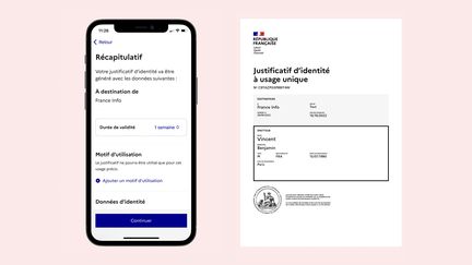 Un justificatif d'identité à usage unique, au nom de France Info, produit à partir de l'application France Identité sur smarphone. (ANTS / FRANCE INFO)