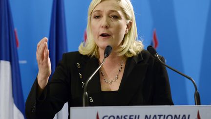 La pr&eacute;sidente du FN, Marine Le Pen, &agrave; l'issue du conseil national du parti, le 2 mars 2013 &agrave; S&egrave;vres (Hauts-de-Seine). (BERTRAND GUAY / AFP)