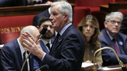 Le Premier ministre Michel Barnier, lors des questions au gouvernement, le 5 novembre 2024 à l'Assemblée nationale. (THOMAS SAMSON / AFP)