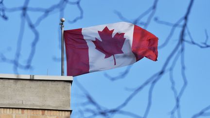 Le drapeau canadien flotte au-dessus de l'ambassade en Chine, le 15 janvier 2019 à Pékin. (GREG BAKER / AFP)