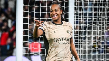 La Française Marie-Antoinette Katoto sous les couleurs du PSG face à l'Ajax Amsterdam en Ligue des champions, le 24 janvier 2024. (MATTHIEU MIRVILLE / AFP)