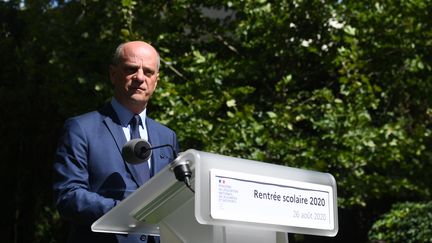 Jean-Michel Blanquer lors de sa conférence de presse&nbsp;de rentrée, le 26 août 2020 au ministère de l'Education nationale.&nbsp; (ALAIN JOCARD / AFP)