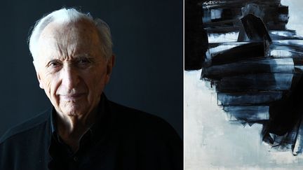 Pierre Soulages et son tableau "Peinture, 162 x 130 cm, 14 avril 1962"
 (A gauche © Alain Robert / Aperçu / SIPA - A droite © Sotheby&#039;s / Art digital studio)