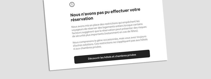 Exemple de message d'erreur&nbsp;envoyé par Airbnb aux moins de 25 ans. (FRANCEINFO / RADIOFRANCE)