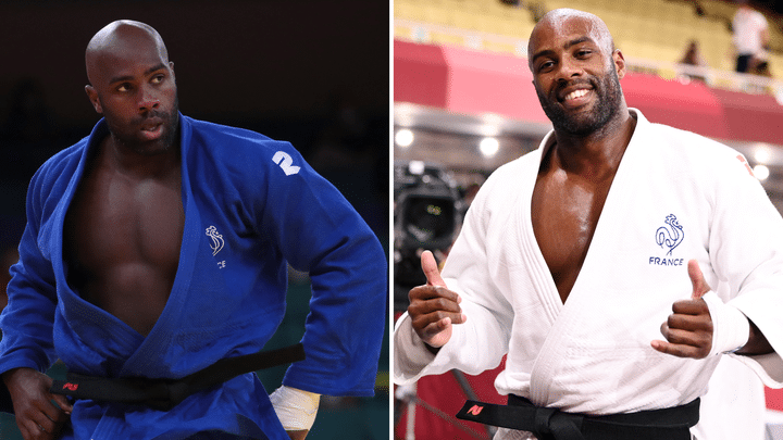 Durant les Jeux olympiques de Tokyo, Teddy Riner a combattu avec deux kimonos différents, le 30 juillet 2021. (VICTOR DJUDOV / MILLEREAU PHILIPPE / AFP)