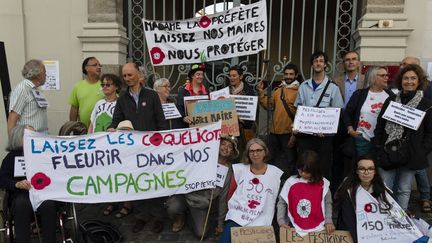 Une manifestation de soutien au maire de Langouët, Daniel Cueff, convoqué pour avoir interdit l’usage des pesticides près des habitations de sa commune,&nbsp;le 22 août 2019 à Rennes. (PHILIPPE RENAULT / MAXPPP)