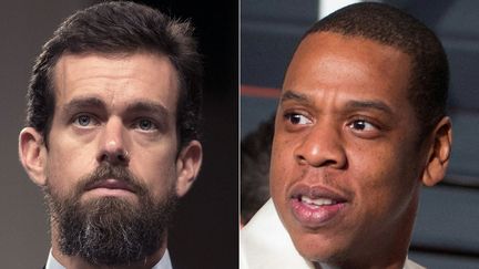 Jack Dorsey, patron de Twitter (à gauche) et Jay-Z, rappeur américain et époux de Beyoncé (à droite).&nbsp; (JIM WATSON / AFP)