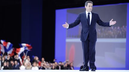 Nicolas Sarkozy, lors du meeting de Villepinte (Seine-Saint-Denis), le 11 mars 2012. (LIONEL BONAVENTURE / AFP)