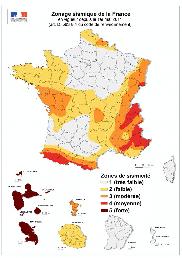 Carte du zonage sismique en France. (MINISTERE DE L'ECOLOGIE)