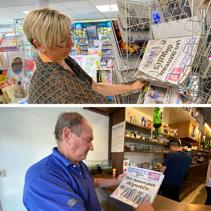 Ingrid, dans la Maison de la presse, au Neubourg (en haut).&nbsp;Jean-Jacques, à la Taverne des sports (en bas). (RAPHAEL GODET / FRANCEINFO)