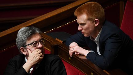 Jean-Luc Mélenchon et Adrien Quatennens à l'Assemblée nationale le 2 avril 2019 (ALAIN JOCARD / AFP)