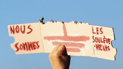 Dans une manifestation de soutien aux Soulèvements de la Terre, le 19 avril 2023 à Paris. (MOHAMMED BADRA / EPA VIA MAXPPP)