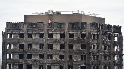 Des membres des équipes de secours inspectent le toit de la tour Grenfell, à Londres, le 16 juin 2017. (CHRIS J RATCLIFFE / AFP)