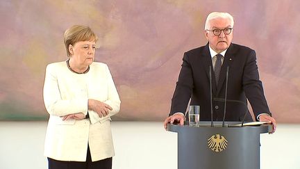 La chancelière allemande, Angle Merkel, lors d'’une cérémonie officielle à Berlin, le 27 juin 2019. (REUTERS TV)