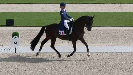 La Française Pauline Basquin et son cheval Sertorius participent à l'épreuve équestre de dressage du Grand Prix individuel de reprise libre en musique lors des Jeux olympiques de Paris 2024 au château de Versailles, à Versailles, le 4 août 2024. (PIERRE-PHILIPPE MARCOU / AFP)